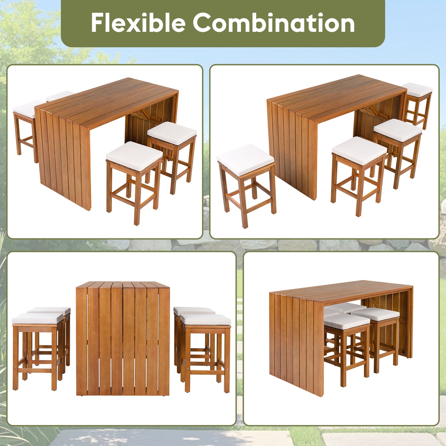 5 Piece Outdoor Bar Set, Patio Acacia Wood Height Table & Four Stools
