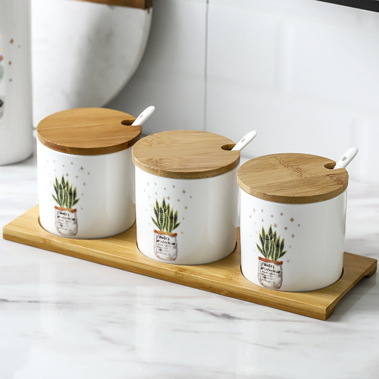 Three-Piece Ceramic Seasoning Jar Set with Lid - Kitchen & Dining