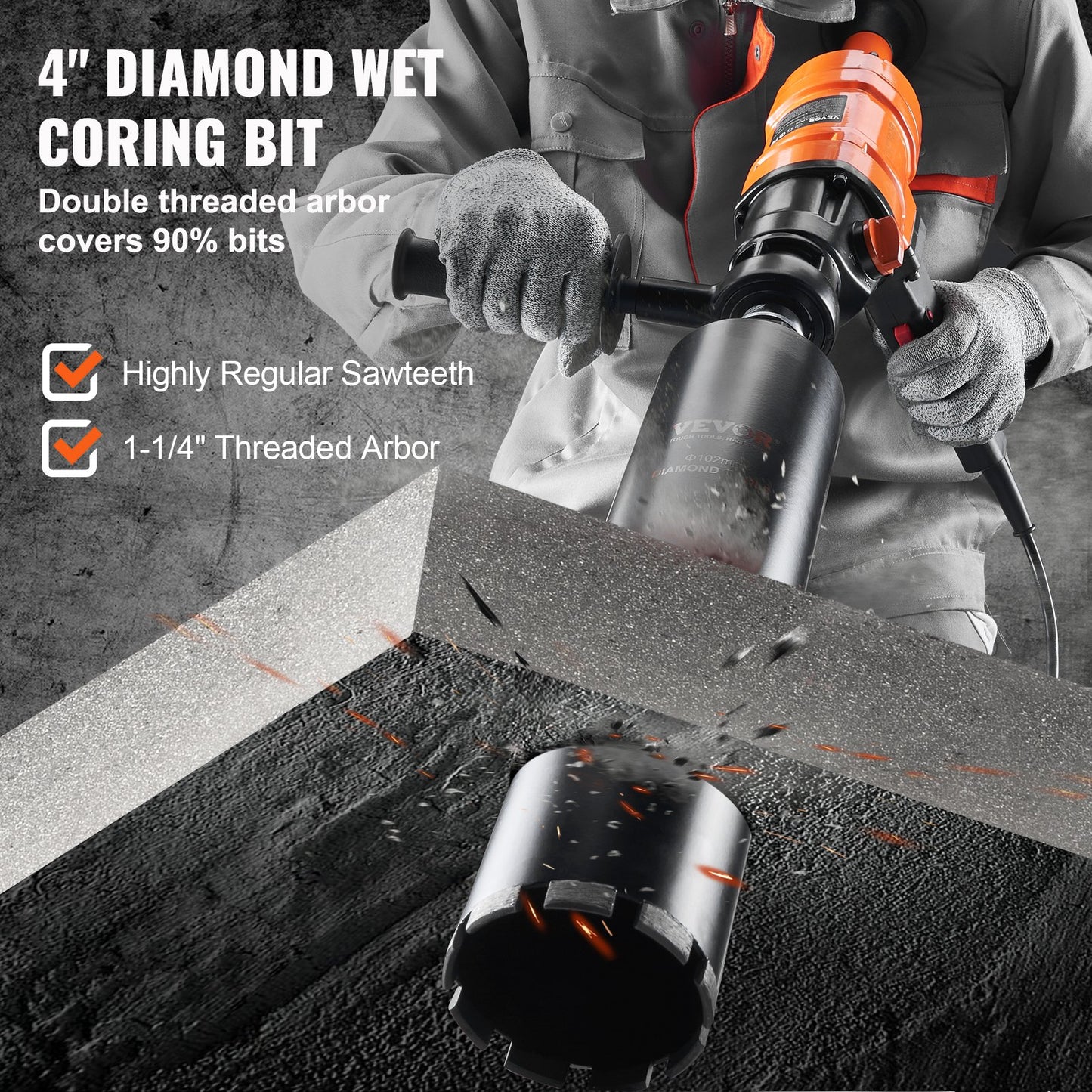 Vevor 4-Inch Wet Concrete Core Drill Rig with Two-Speed 1500W Handheld Power Tool - Orange