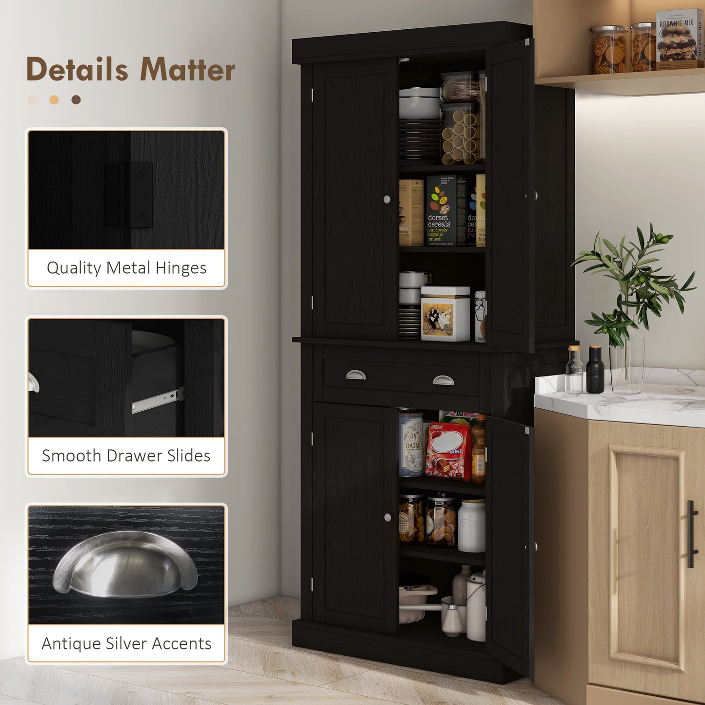72.5 Inch Freestanding Kitchen Storage Cabinet - Black Wood Grain