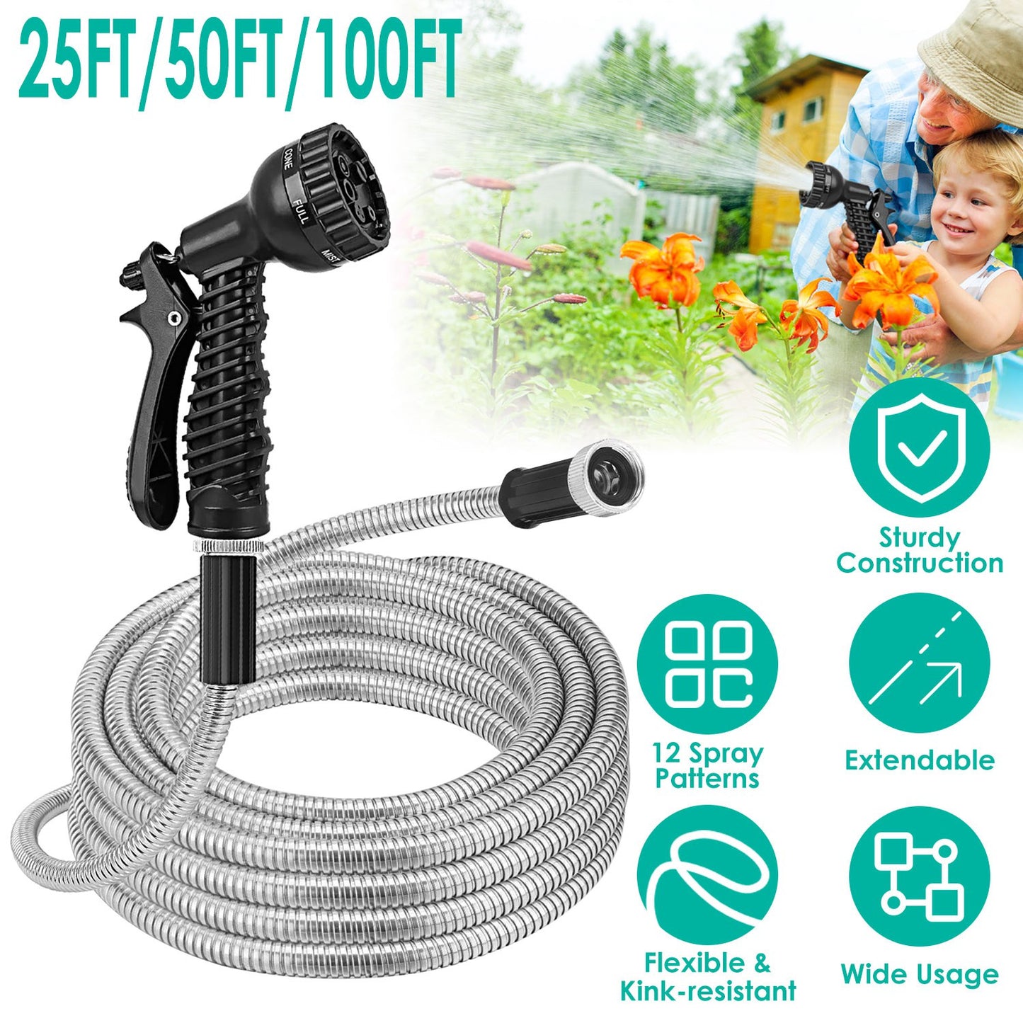 Heavy Duty Stainless Steel Garden Hose with 7-Pattern Nozzle - Flexible & Puncture Resistant