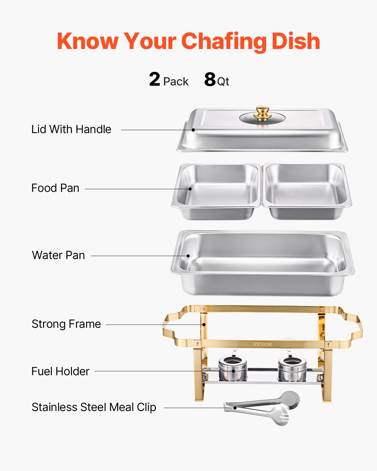 Stainless Steel Chafing Dish Set - 4 Qt Half Size, Gold Finish - 2 Pack