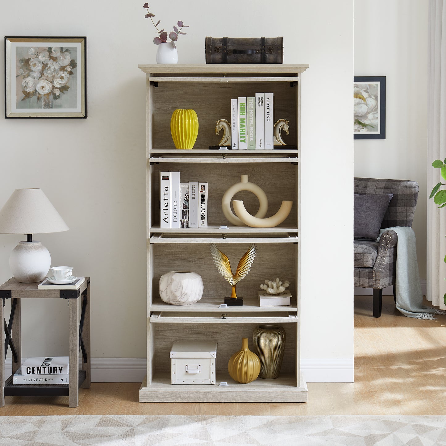 Glass Display Cabinet - 4 Tier Curio Storage with Flip-Up Doors