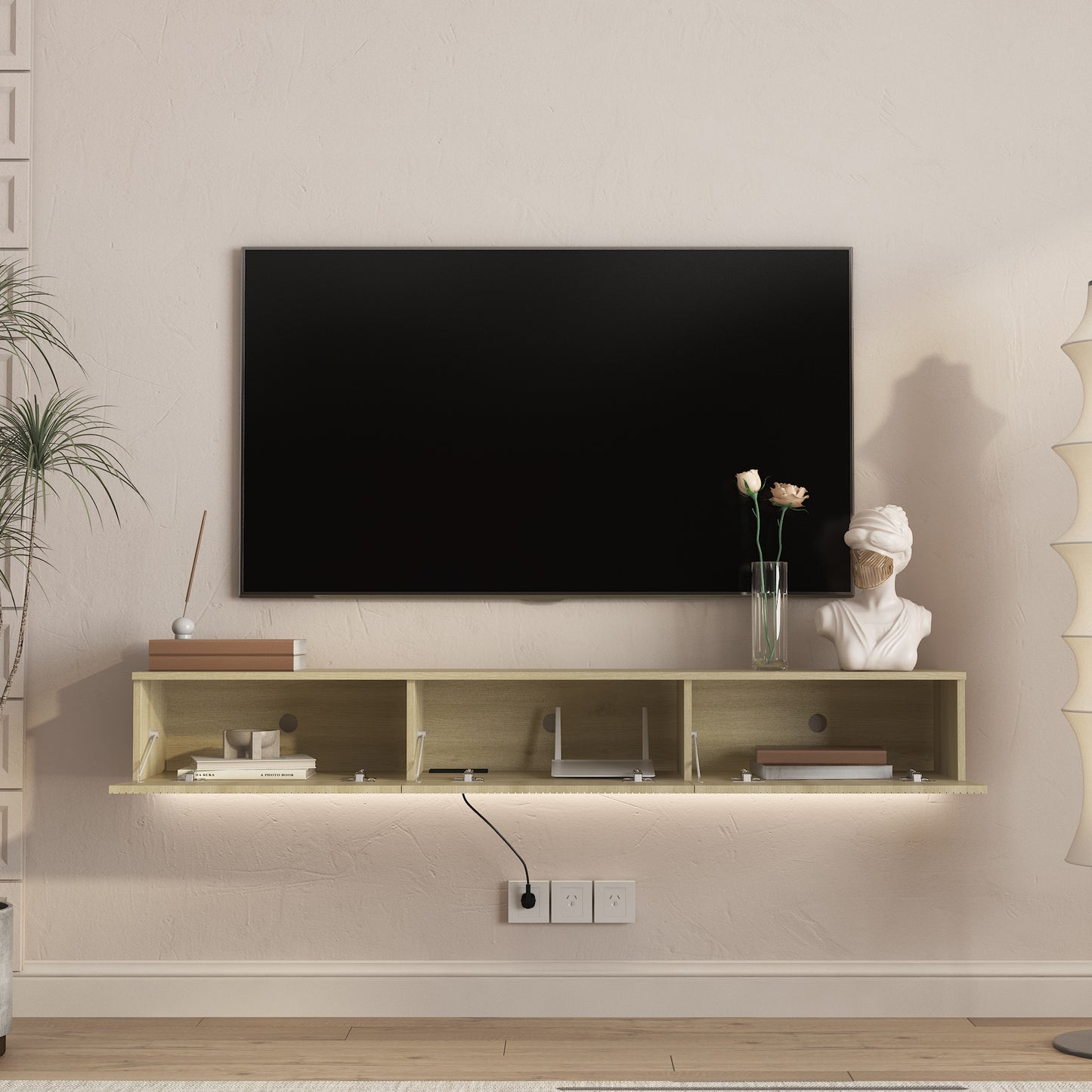 Wall-Mounted Floating TV Stand with 16 Color LEDs - 65 Inch