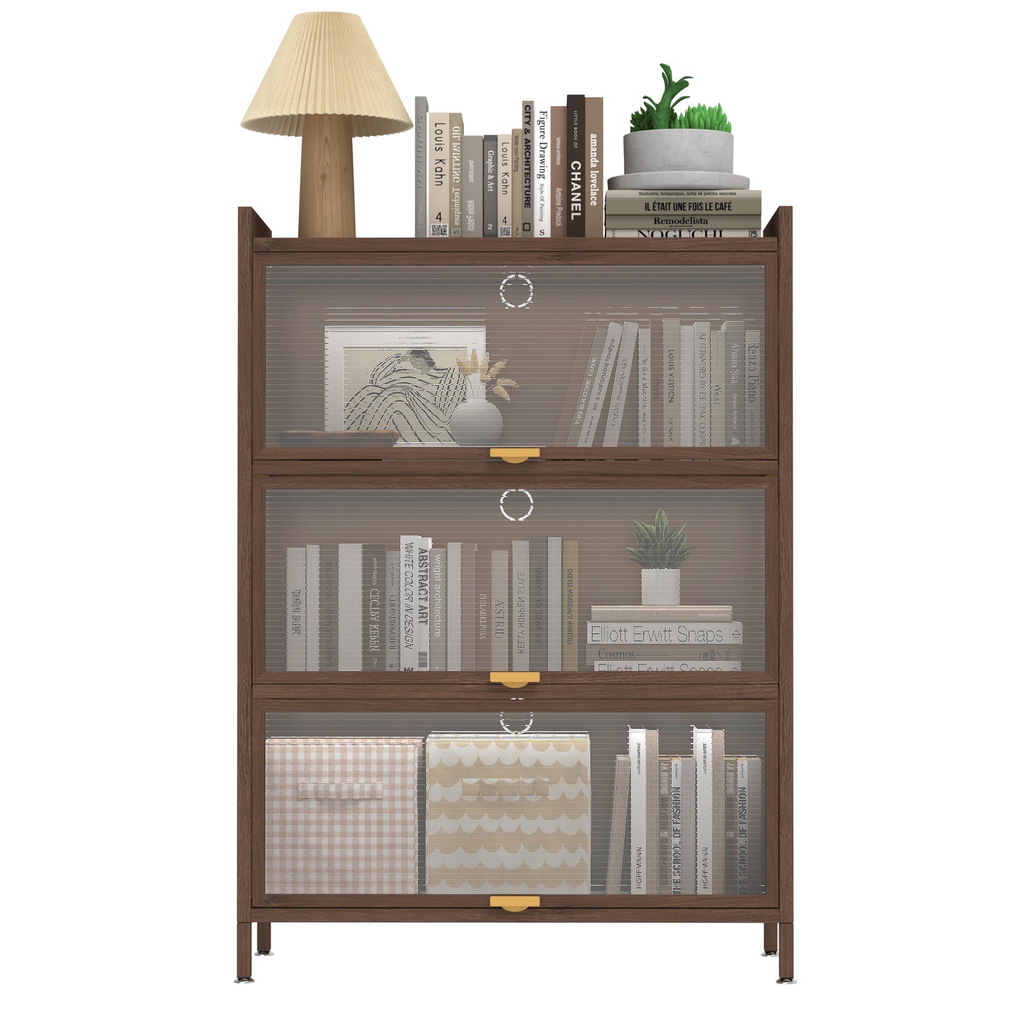 44'' Tall Metal Cabinet with 3 Flip Doors - Walnut Storage