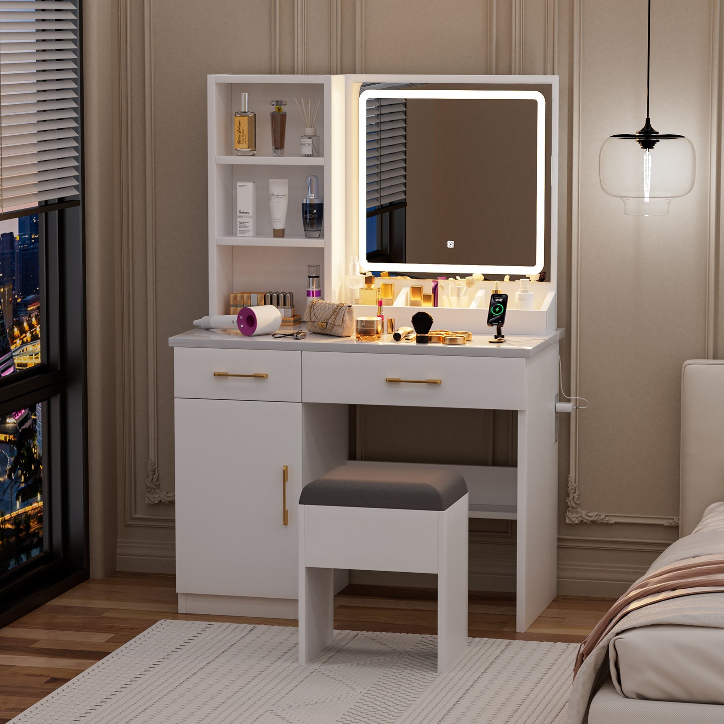 Makeup Vanity Desk With Mirror And Lights, White Table Power Outlet 3
