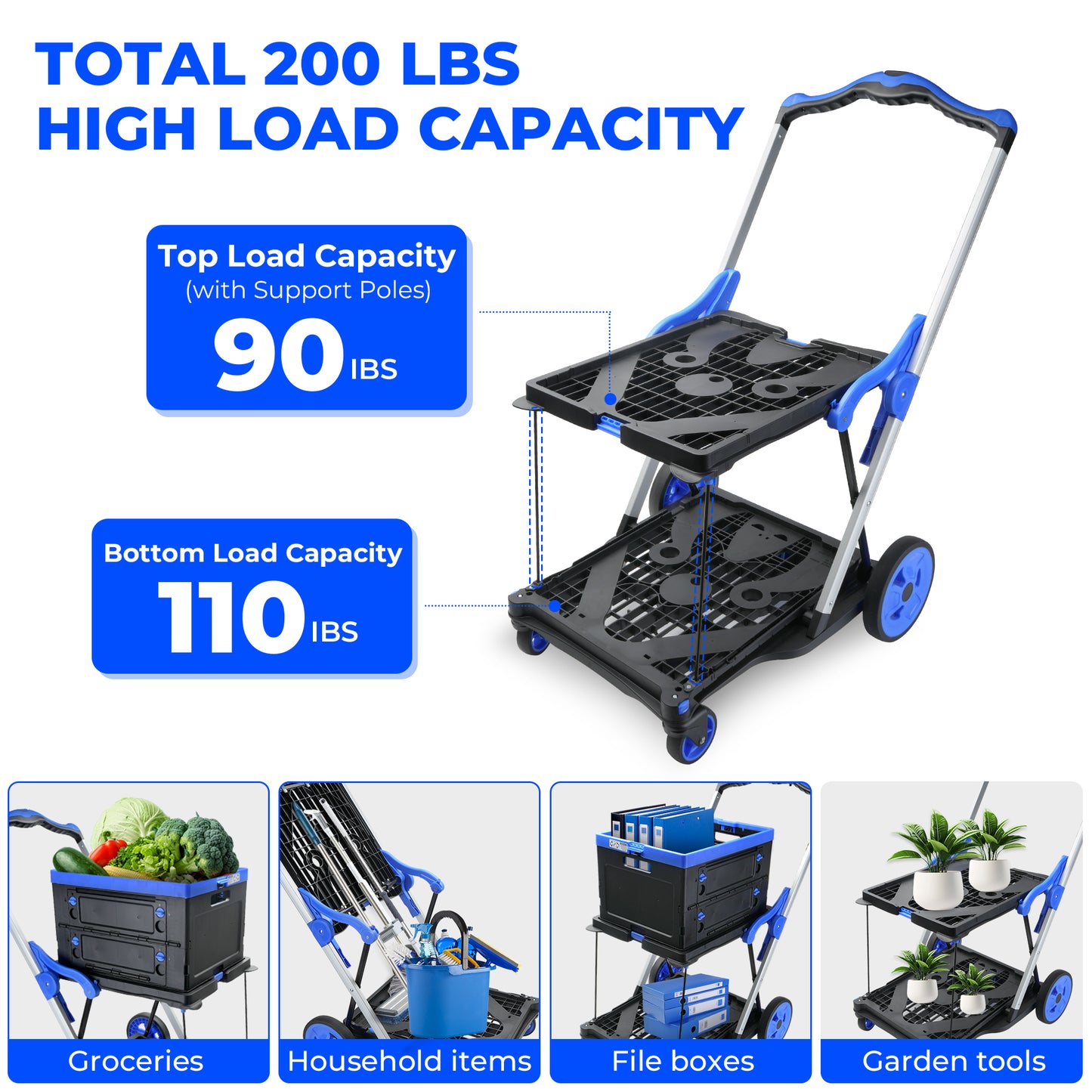 Collapsible 2-Tier Shopping Cart with Storage Crate - Blue