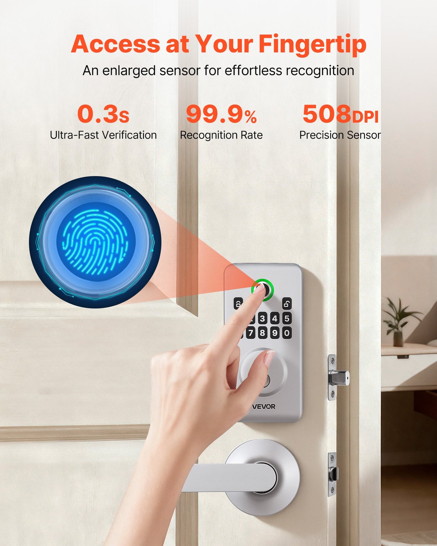 Keyless Biometric Door Lock Set with Handle, Auto Lock, 50 Fingerprints - Black