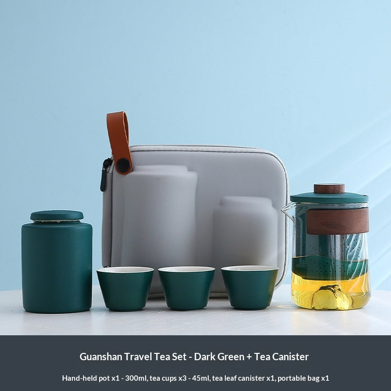 Outdoor Travel Tea Set with Canister Tray & Caddy - Portable Ceramic Tea Kit