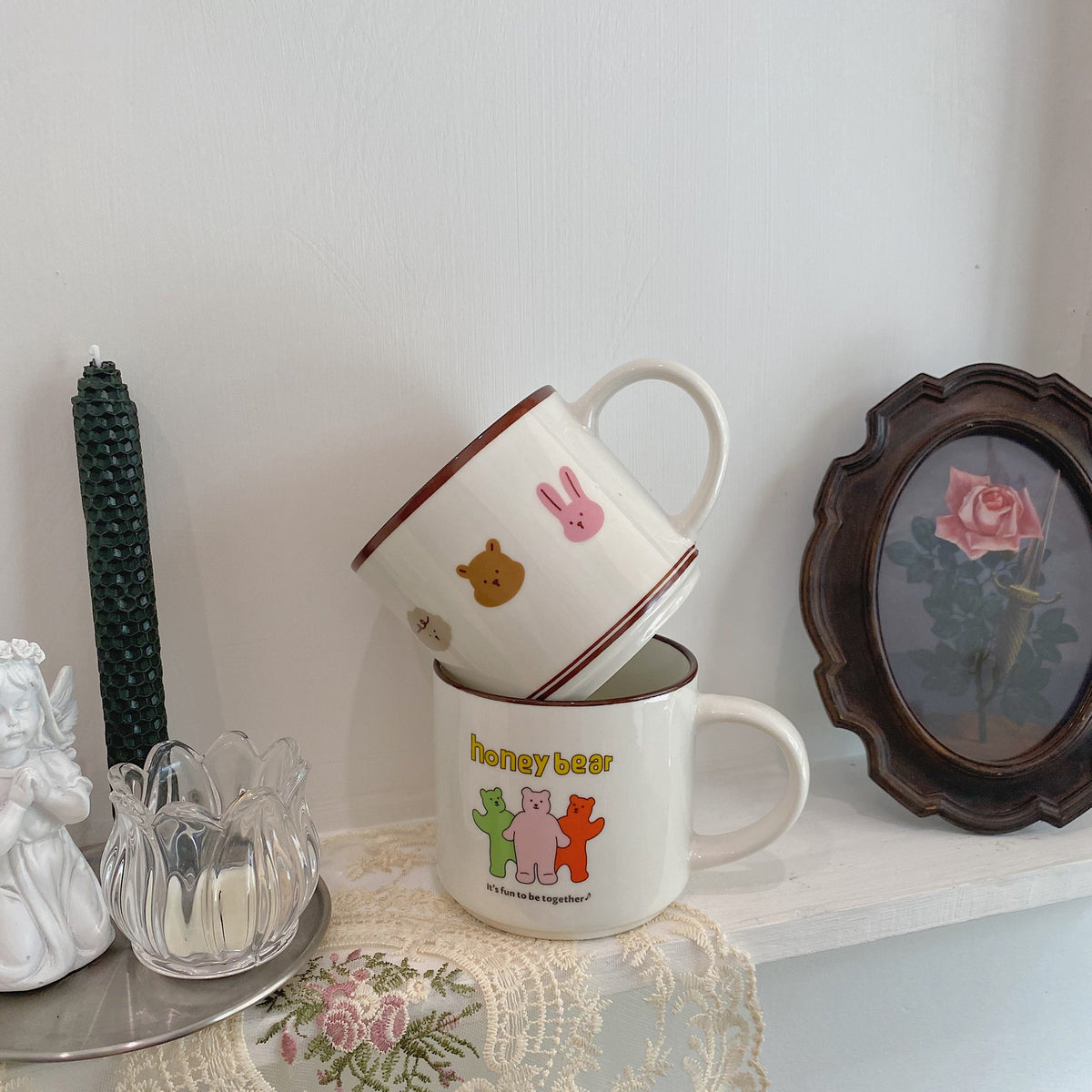 Large Capacity Ceramic Coffee Mug - Bear and Rabbit Cartoon Design