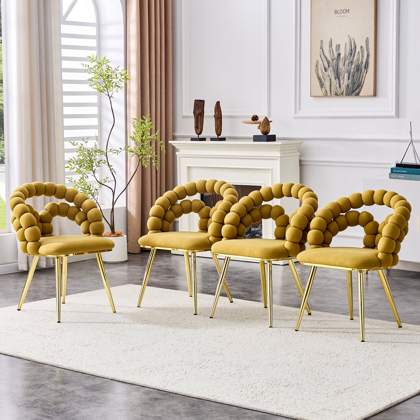 Set of 4 Yellow Velvet Dining Chairs with Gold Legs