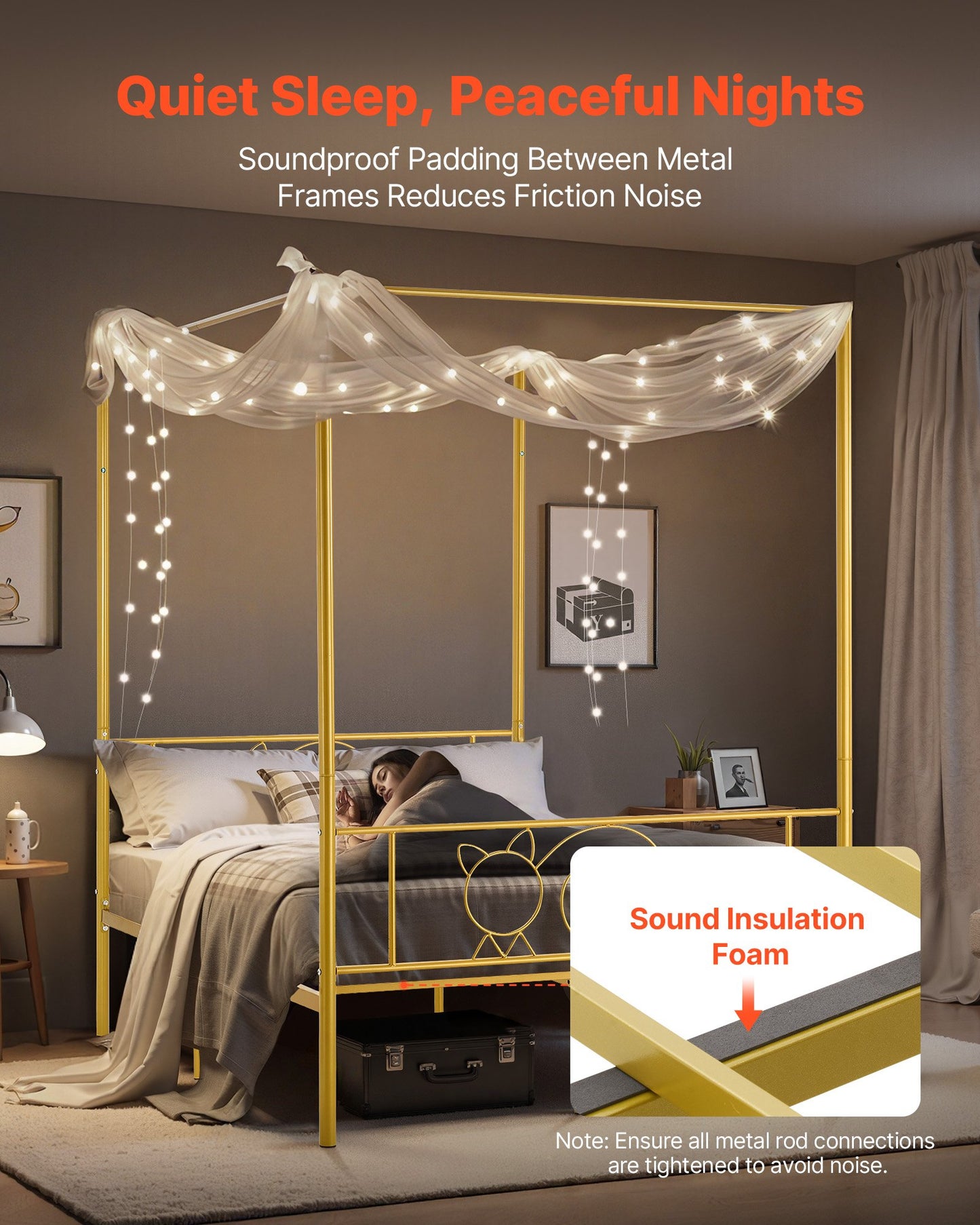 Full Size Metal Canopy Bed Frame with Storage, Heavy Duty Steel Support, Easy Assembly, Gold Finish
