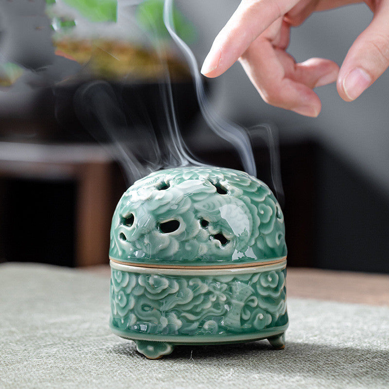 Ceramic Incense Burner with Lid - Embossed Cloud Design, Small Home Decor