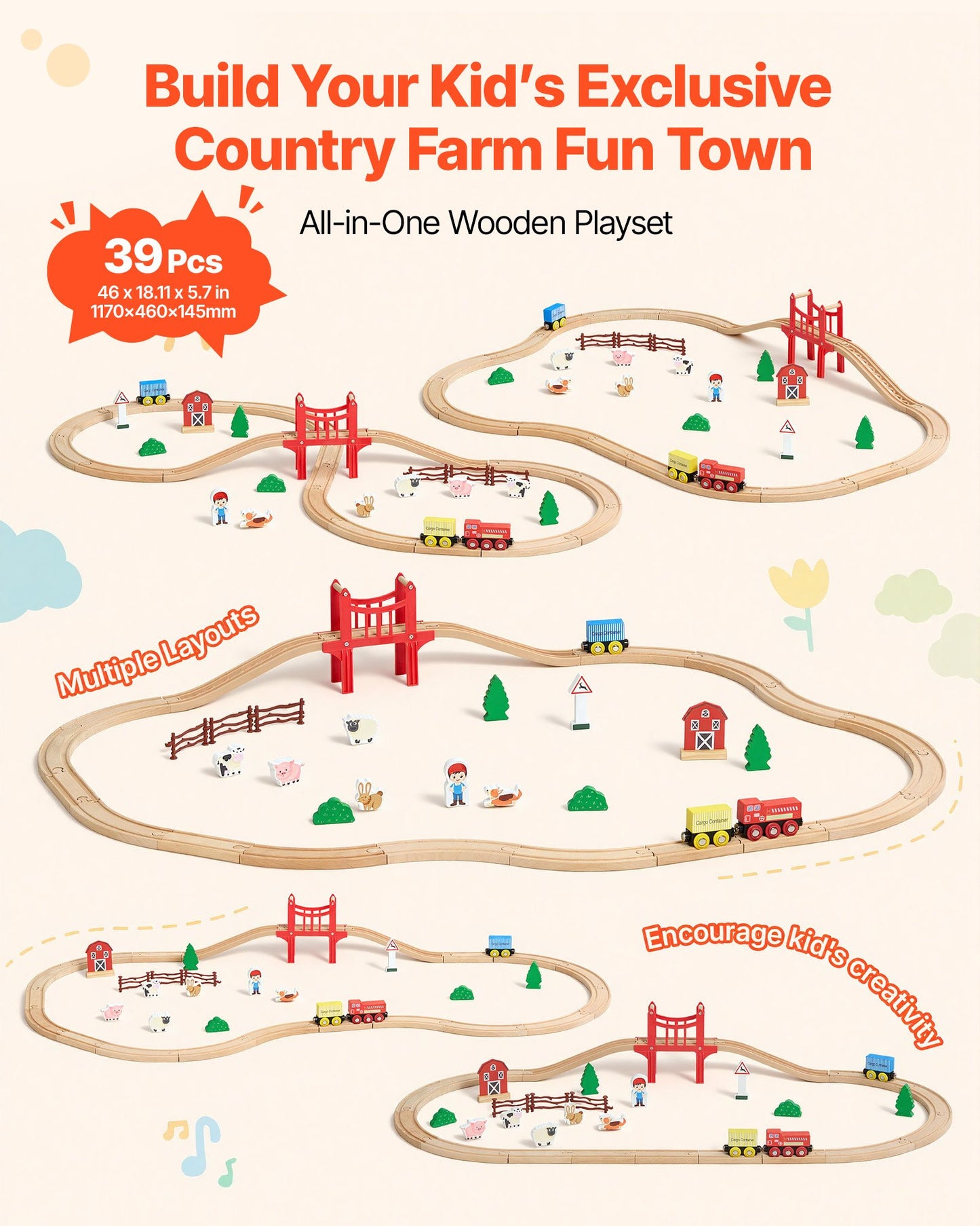 Wooden Train Set with Magnetic Tracks and Accessories - 39PCS Kids Playset for Ages 3-8