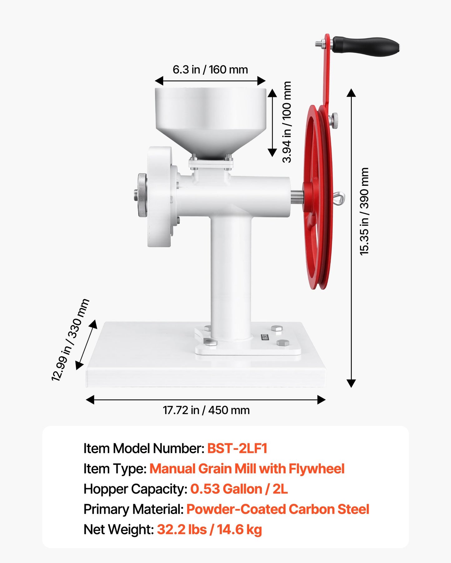 Manual Grain Mill with Flywheel - Hand-Crank Coffee, Wheat & Spice Grinder