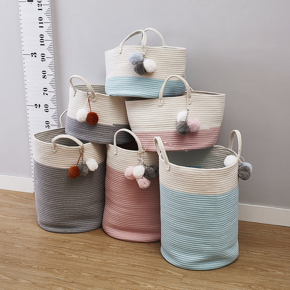 Cotton Braided Storage Basket with Fuzzy Ball Hanging Drop - Multi-Color Home Organizer