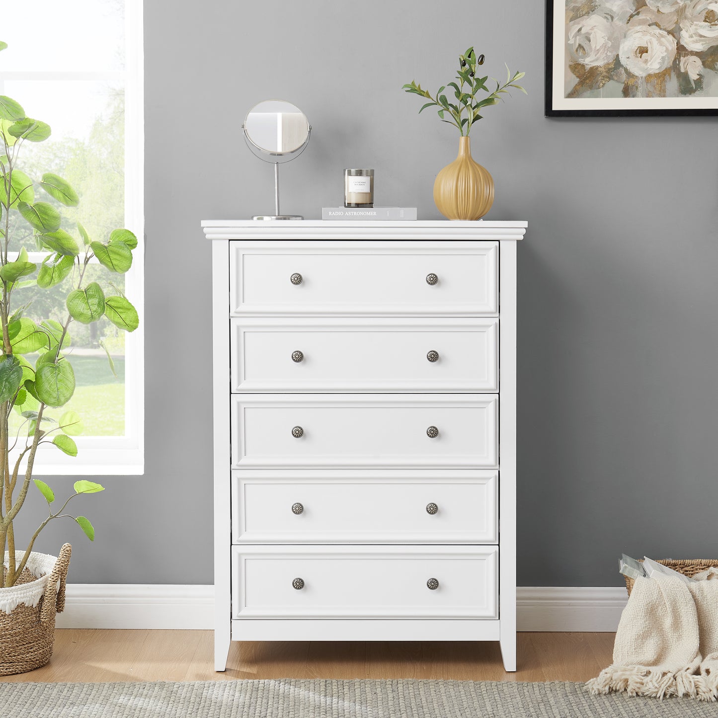 Modern 5-Drawer Dresser - White Chest of Drawers for Storage
