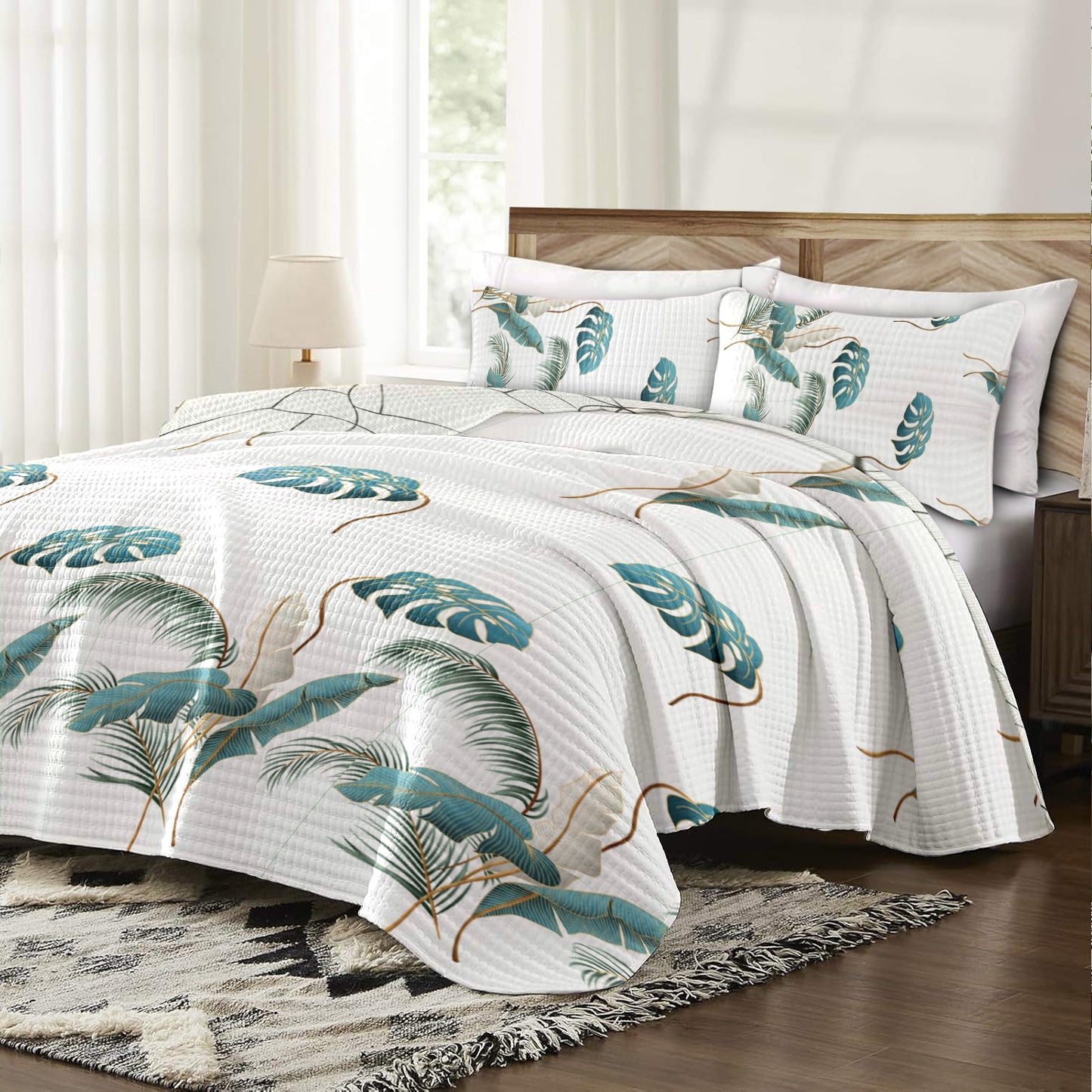 Tropical Palm Leaf Quilt Set with 6 Curtains - Teal Botanical Decor