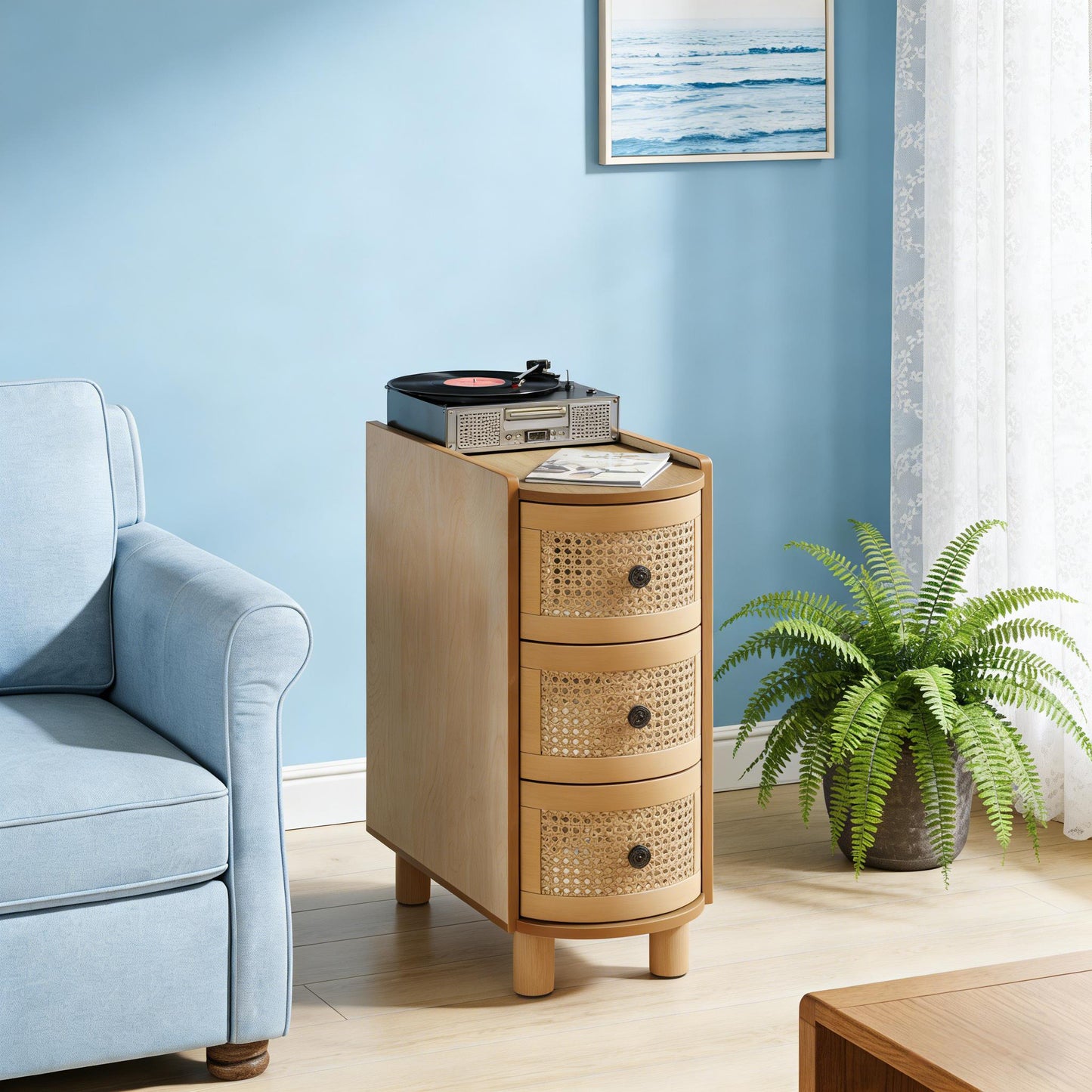 Solid Wood Nightstand with Rattan Drawers - Oak Finish