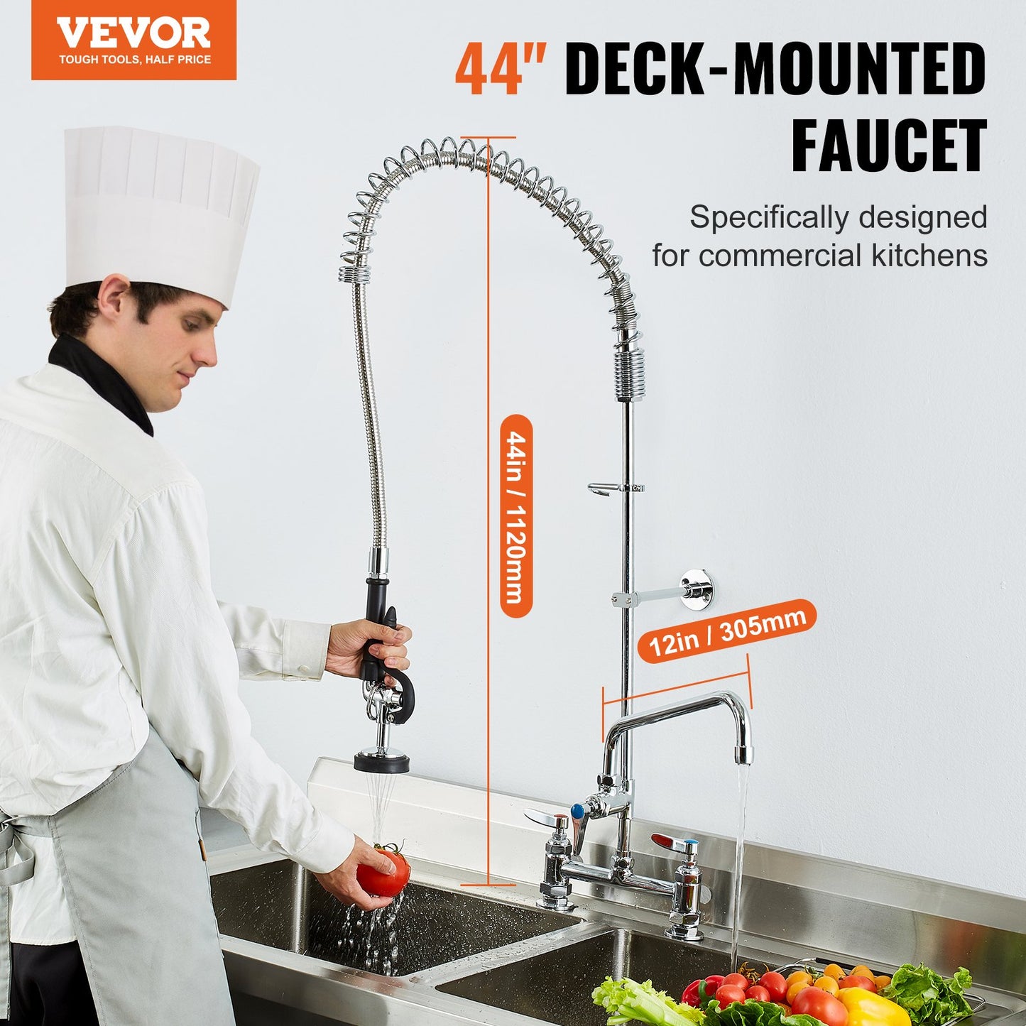 Commercial Deck-Mounted Kitchen Faucet with Pre-Rinse Sprayer