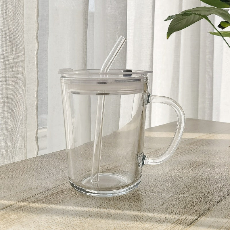 Minimalist Cartoon Glass Water Cup with Straw - Heat-Resistant, 400ML