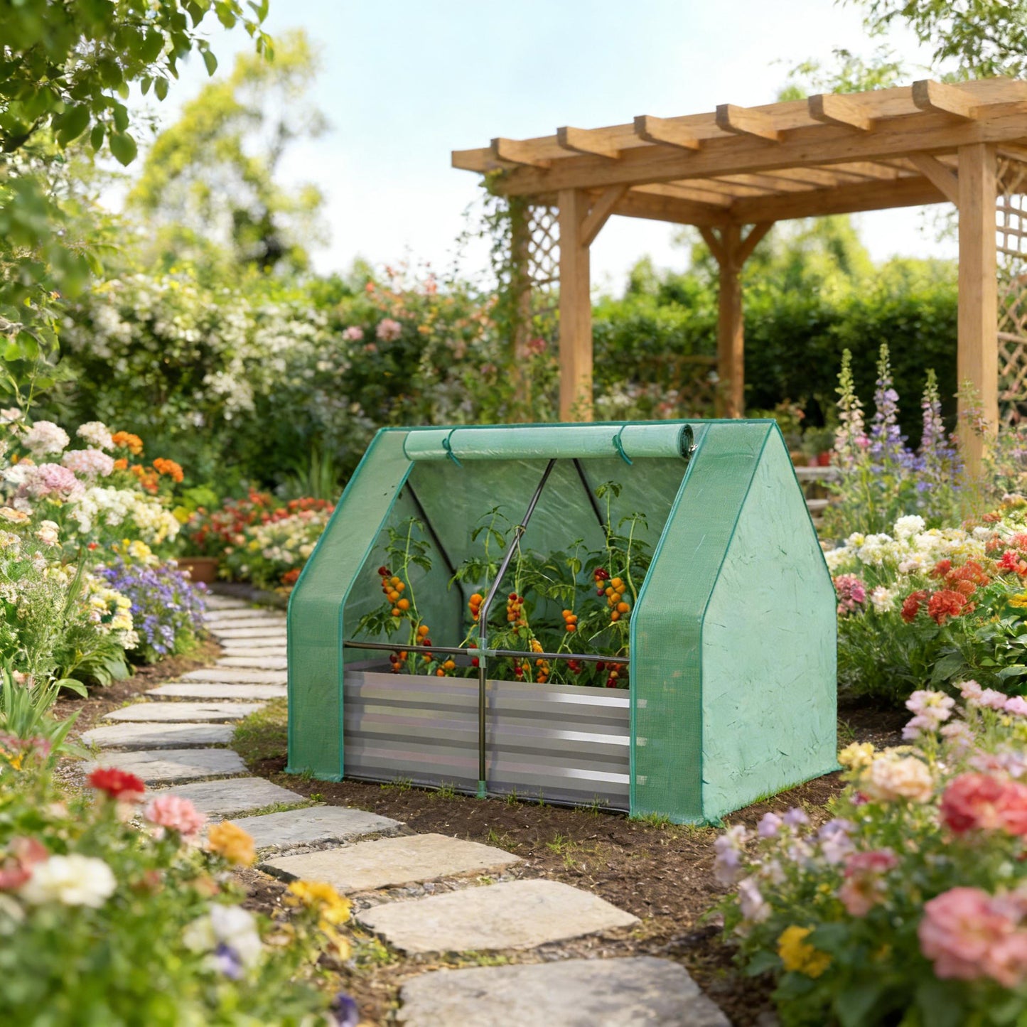 2-in-1 Raised Garden Bed and Mini Greenhouse - Dark Gray/Green