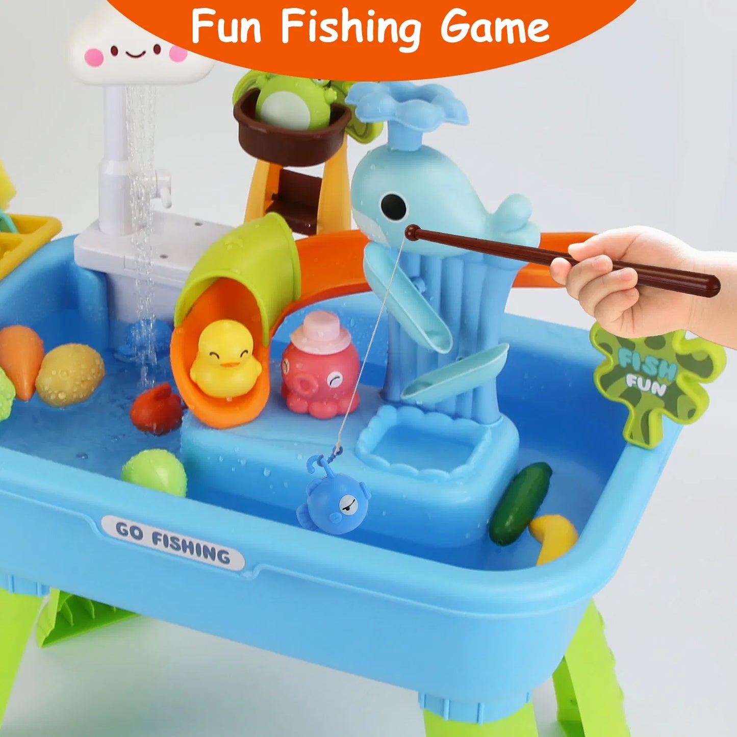 3-in-1 Kids Water Table with Electric Faucet & Fishing Game