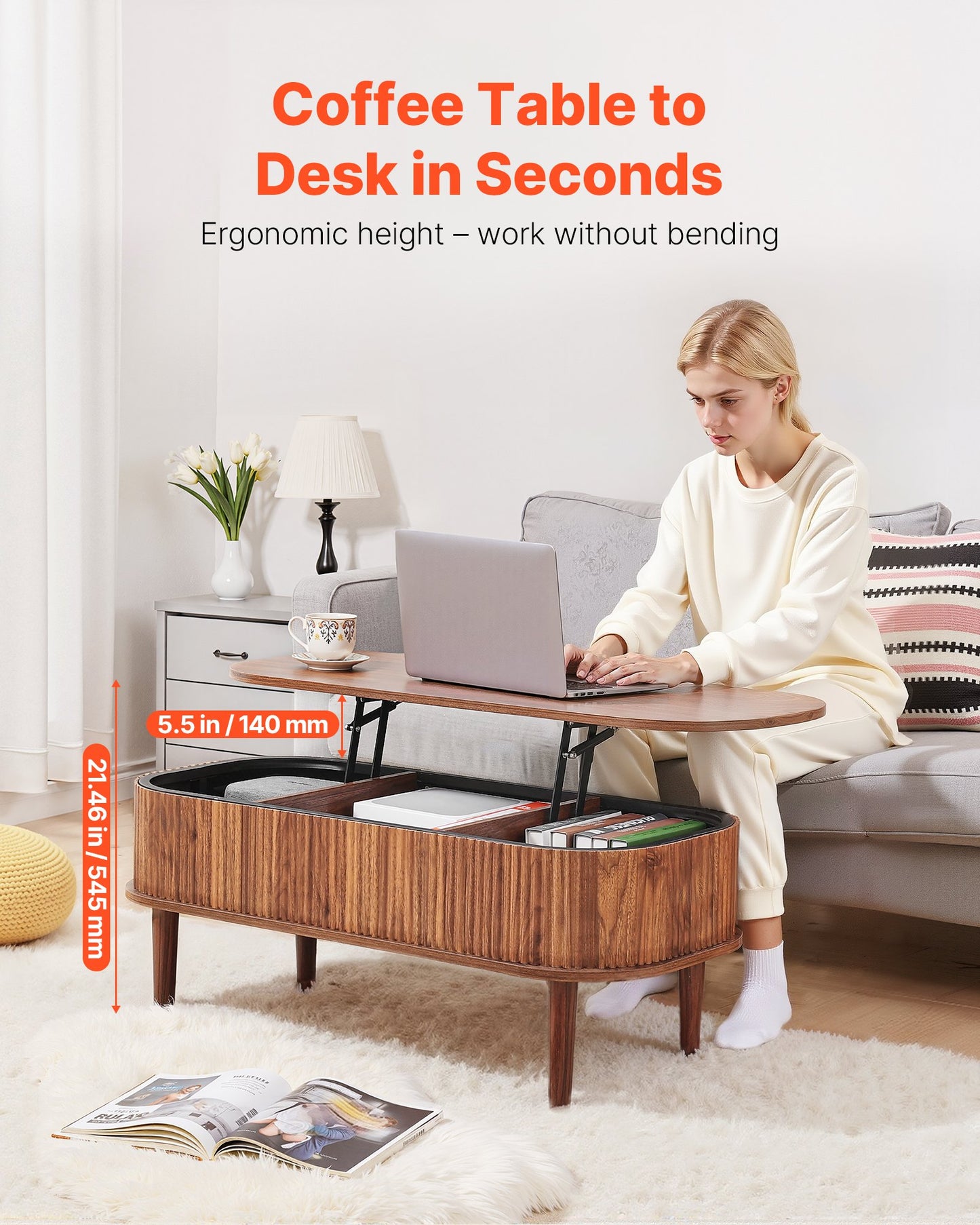 Lift Top Coffee Table with Hidden Storage - Mid-Century Wooden Oval Desk, Walnut Finish