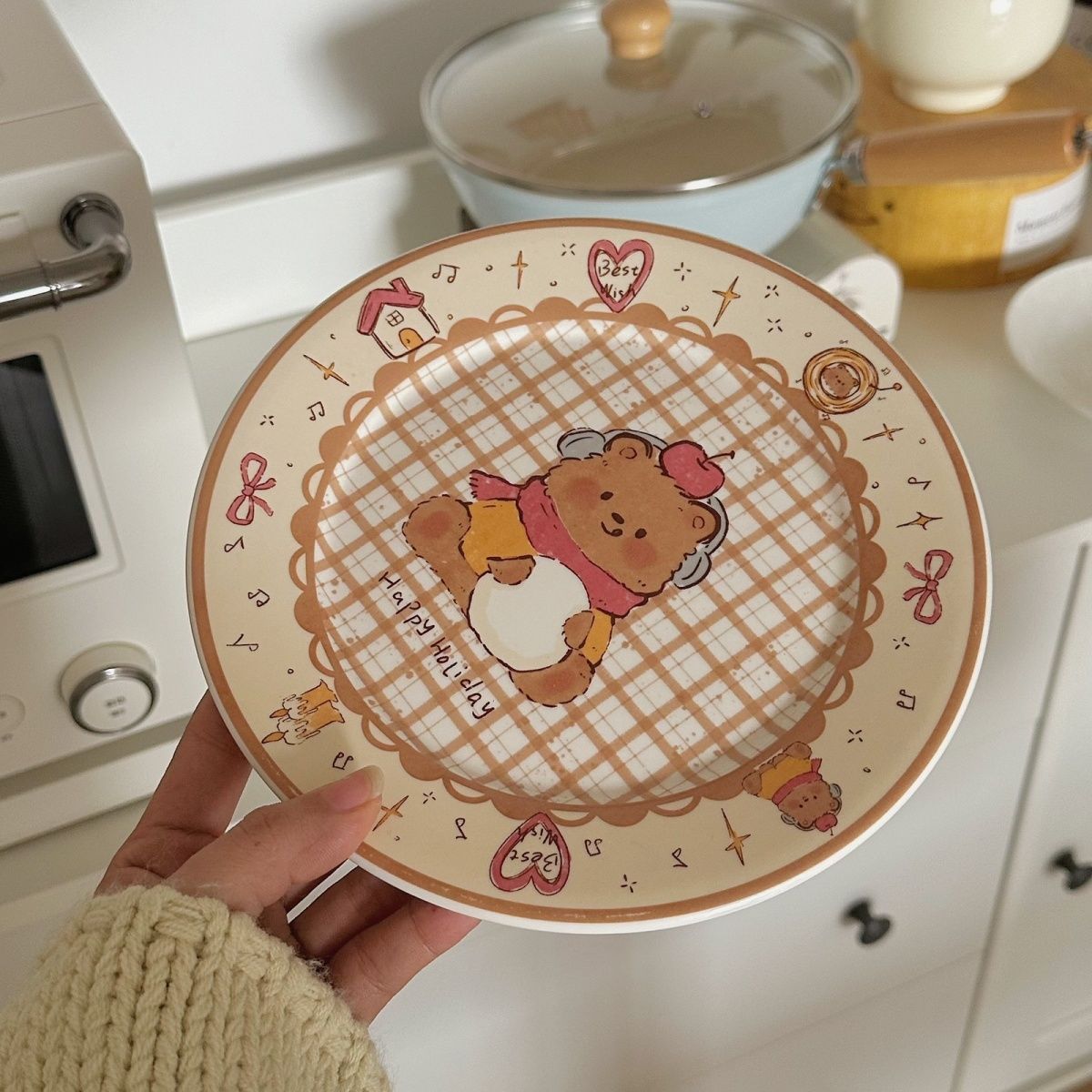 Cute Vintage Ceramic Dinner Plate with Little Bears and Puppies - 8 Inches