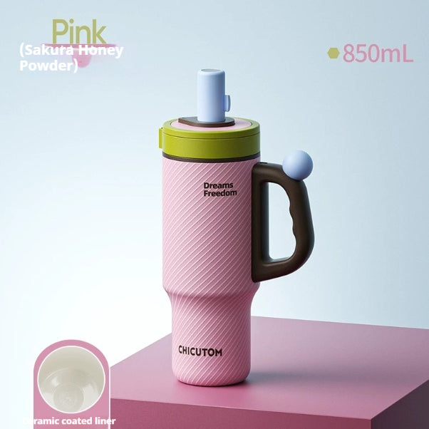Large-Capacity Insulated Ceramic & Stainless Steel Travel Cup with Handle