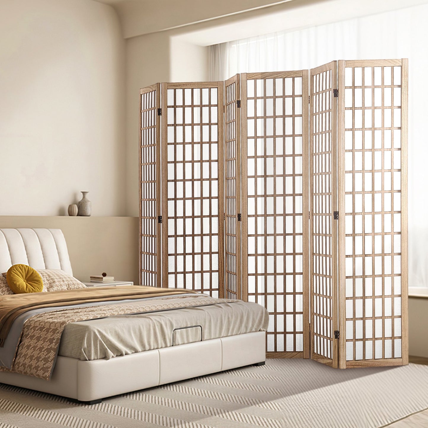 Japanese Wood Folding Room Divider - 6 Panel Privacy Screen