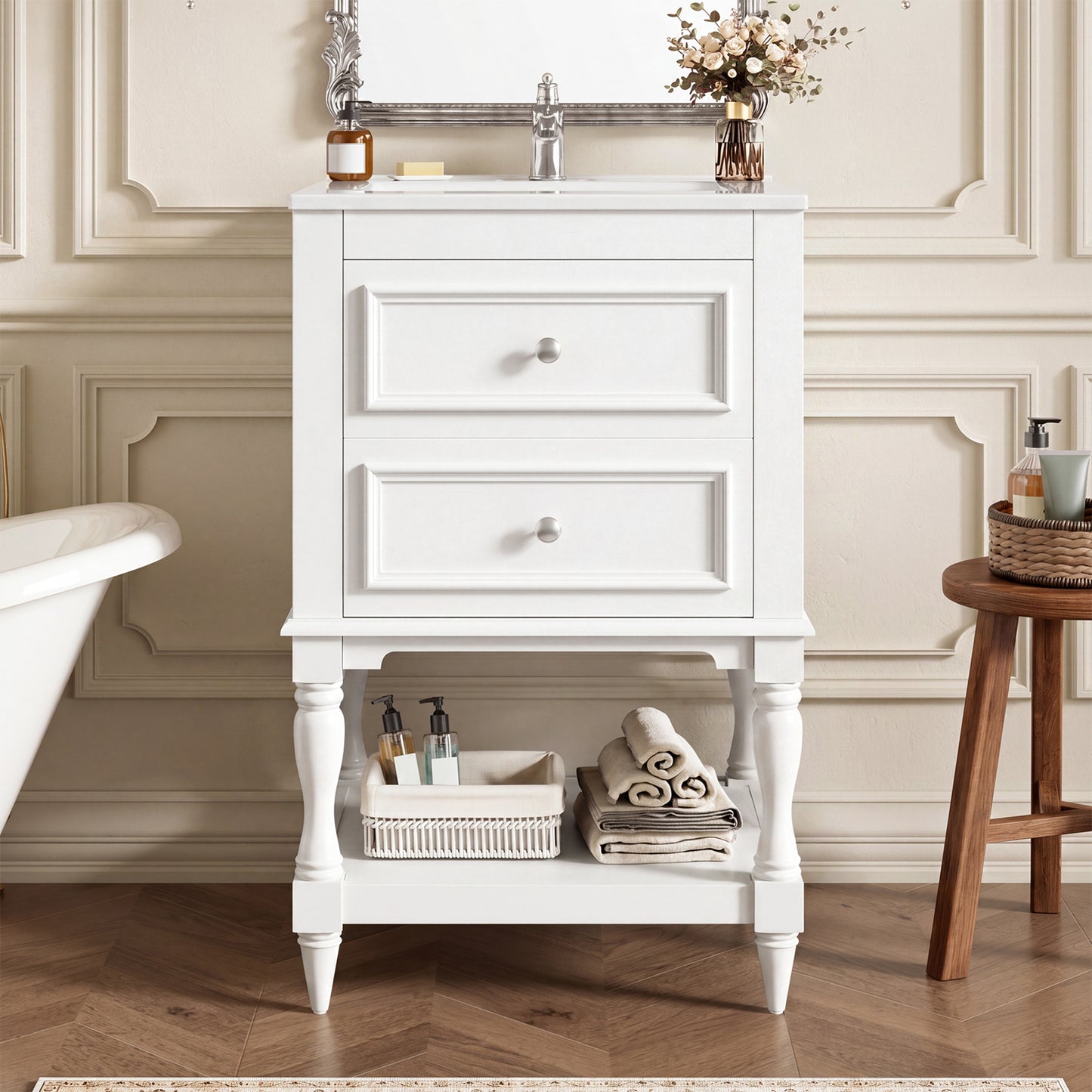 20'' White Bathroom Vanity with Ceramic Sink & Storage Cabinet