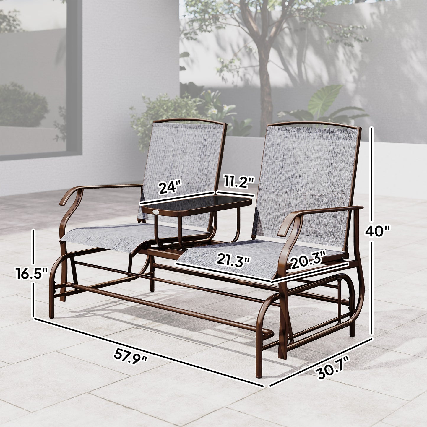 2-Seat Outdoor Glider Swing with Center Coffee Table - Brown