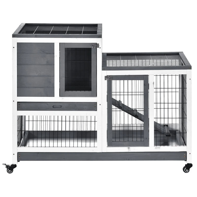 Wooden Rabbit Hutch with Enclosed Run & Wheels - Indoor Small Animal Cage
