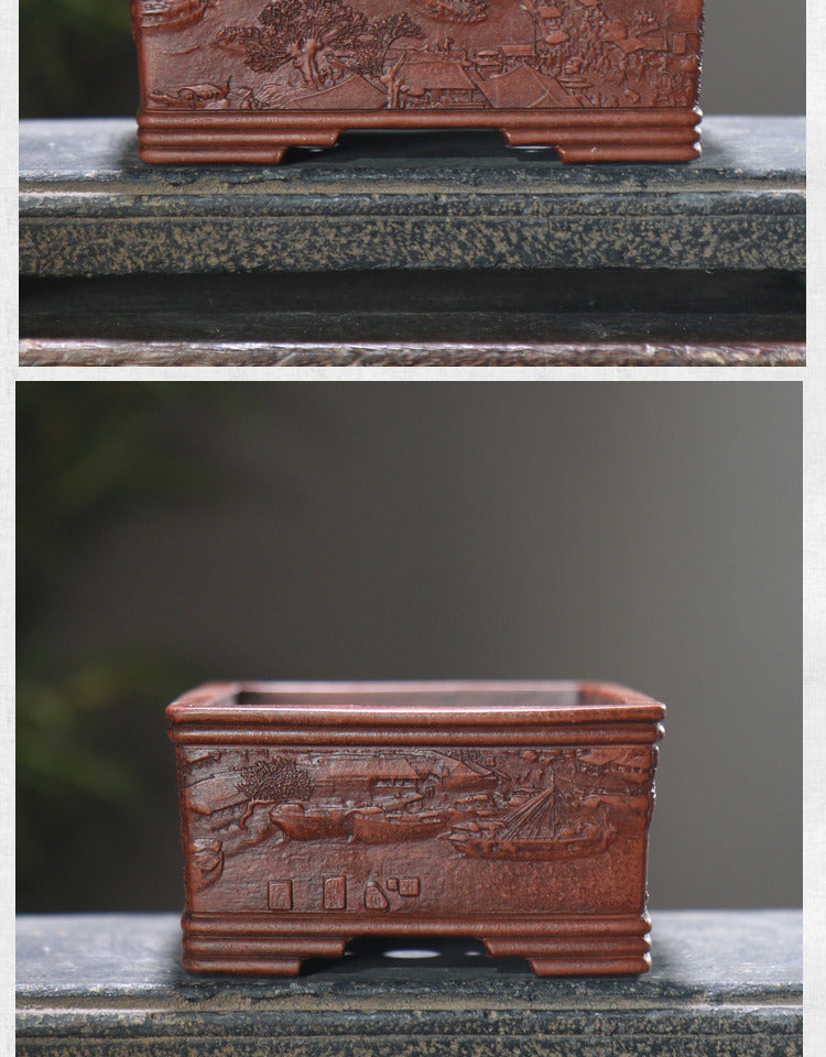 Rotating Rectangular Ceramic Flower Pot Set with Bamboo Basin - Classic Garden Decor