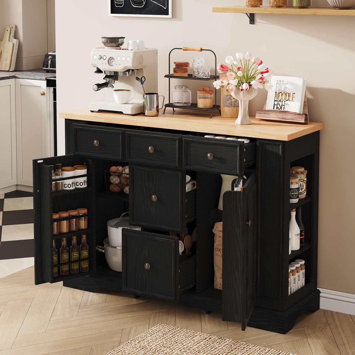 Buffet Cabinet with Storage - 5 Drawers, 2 Cabinets, Adjustable Shelves - Black