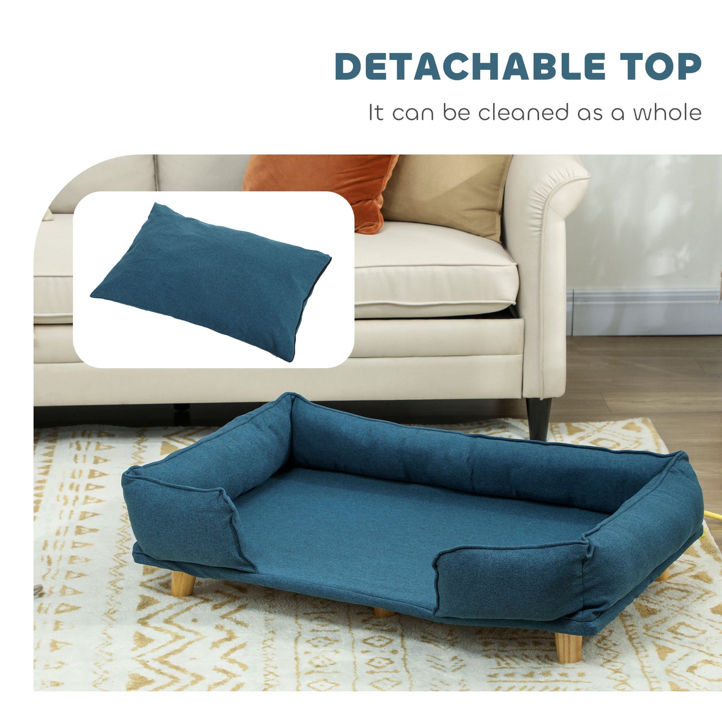 Large Dog Couch Bed with Cushion & Pine Wood Legs - Dark Blue