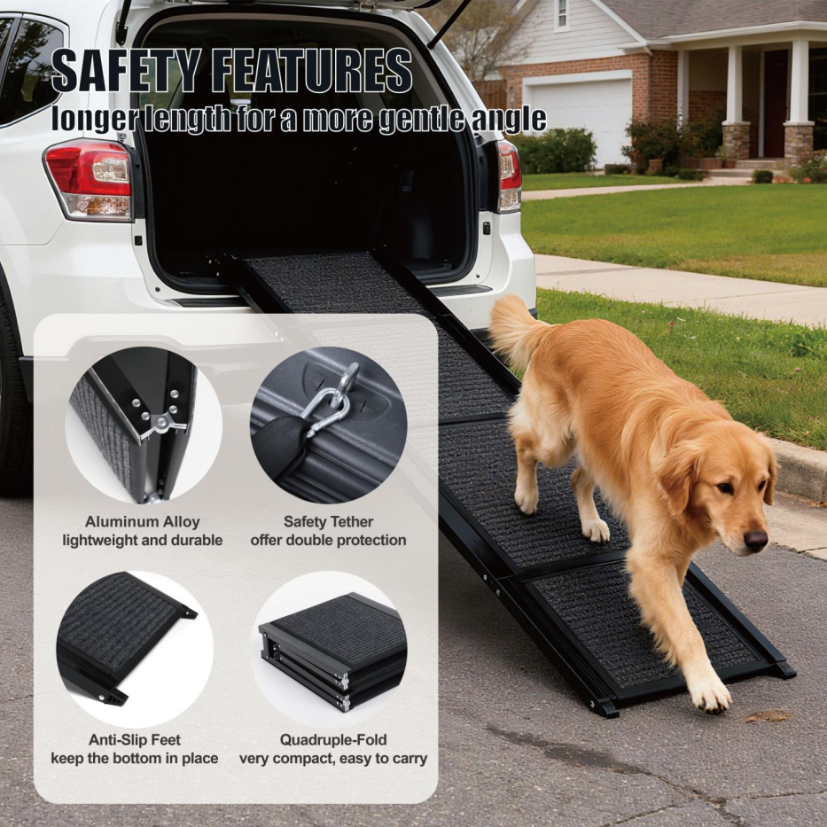 Large Folding Dog Ramp for Car SUV Truck - Non-Slip Aluminum Pet Steps 65in