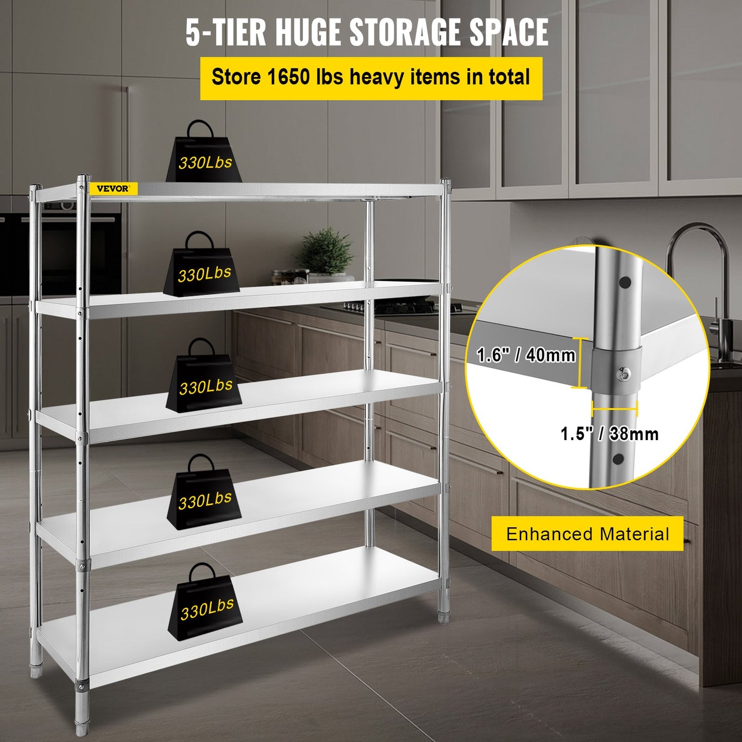 5-Tier Heavy Duty Storage Shelf - Stainless Steel, 1650 lbs Capacity