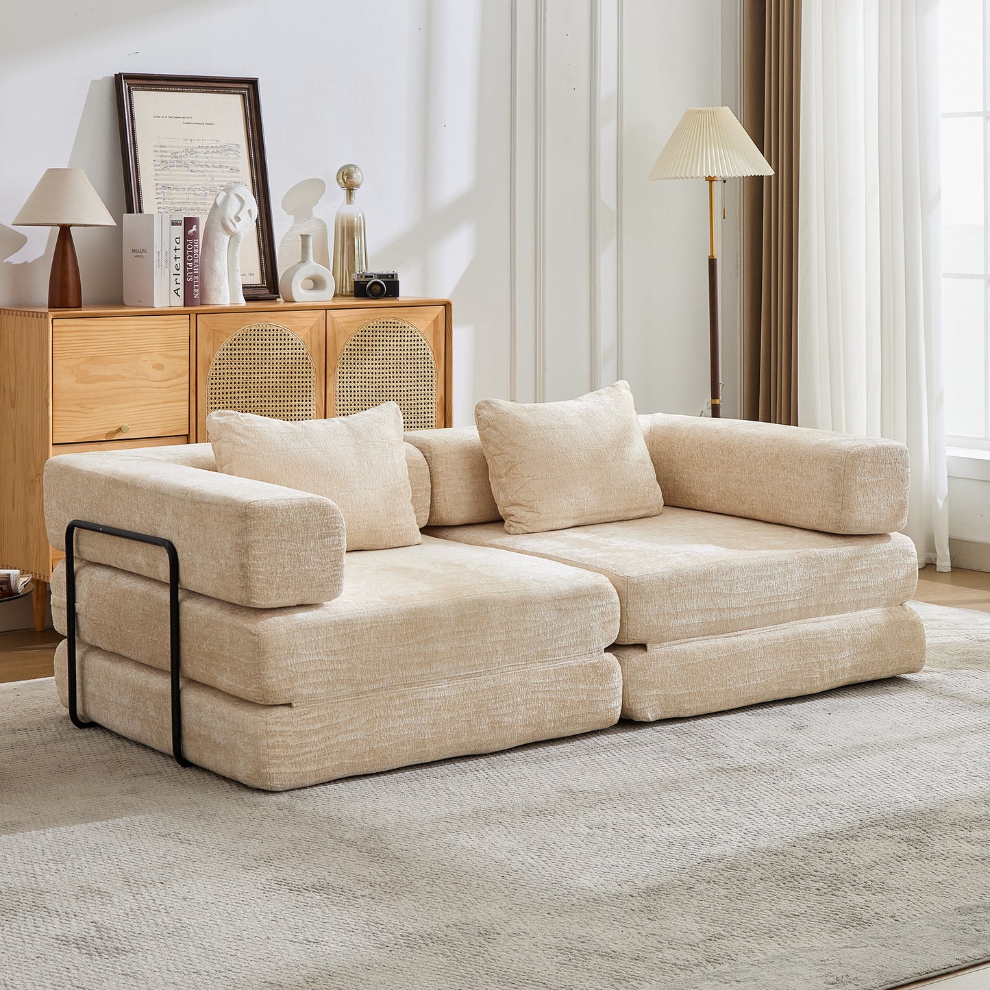 Convertible Compression Sofa Bed - Beige Chenille Fabric