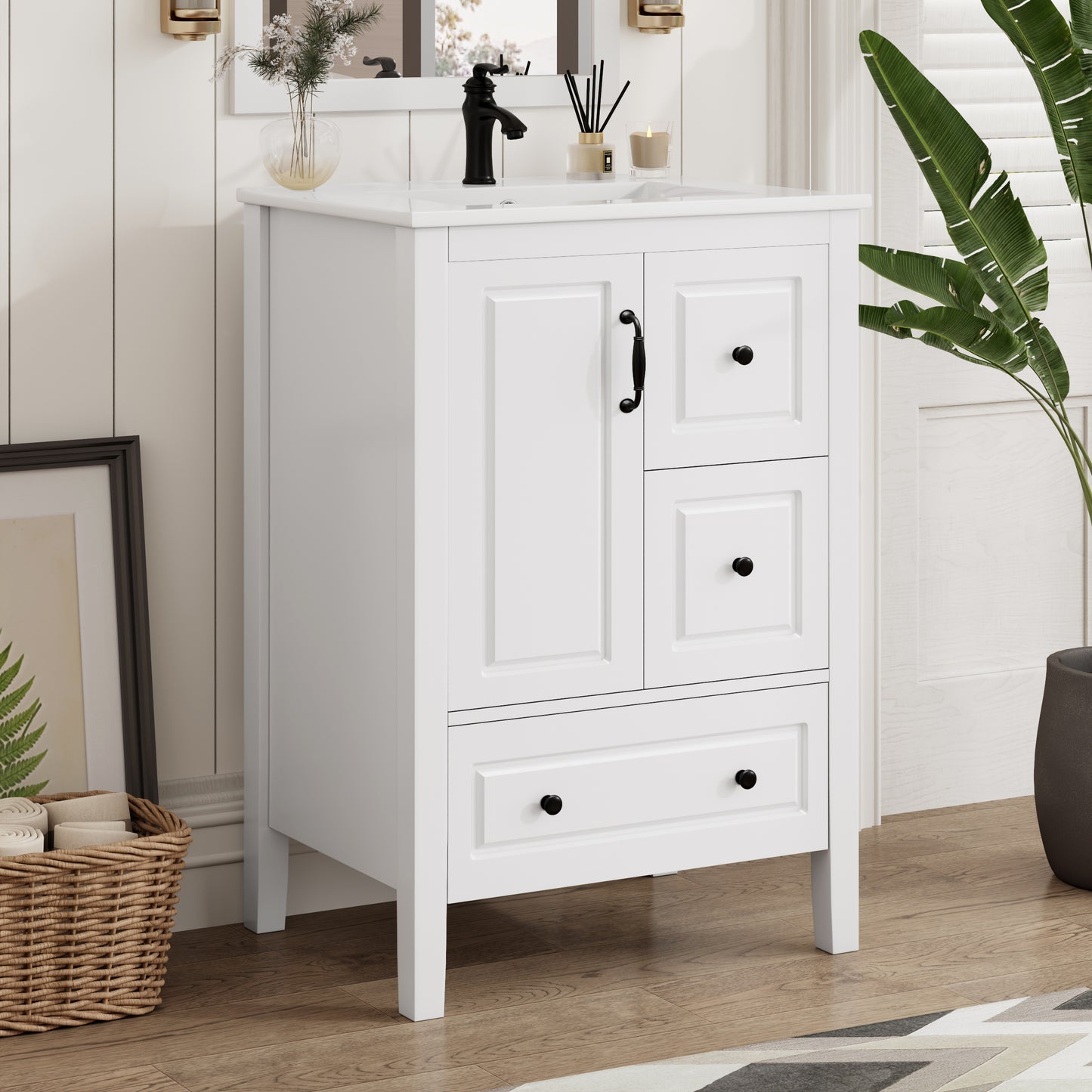 24 Inch Bathroom Vanity with Sink and Soft-Close Drawers - White