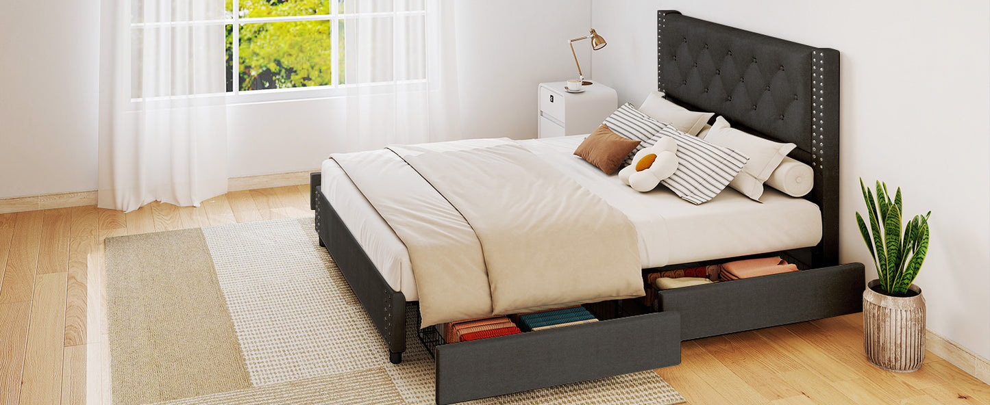 Full Size Bed Frame With Upholstered Button Tufted Headboard Wood
