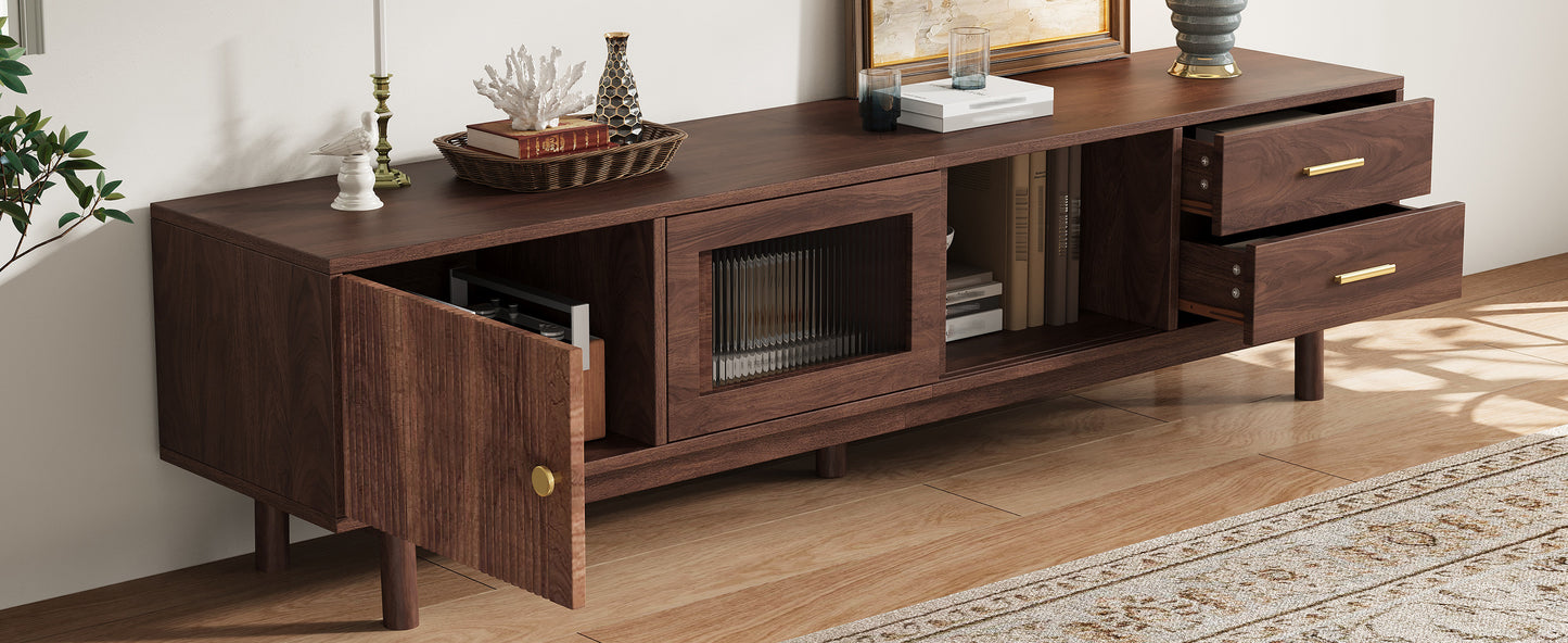 70-Inch Mid Century Modern TV Stand with Glass Sliding Doors