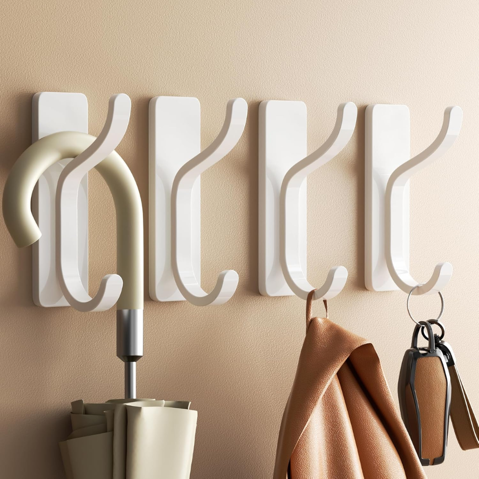 Heavy Duty Stick-On Wall Coat Hooks - 4 Pack White Metal
