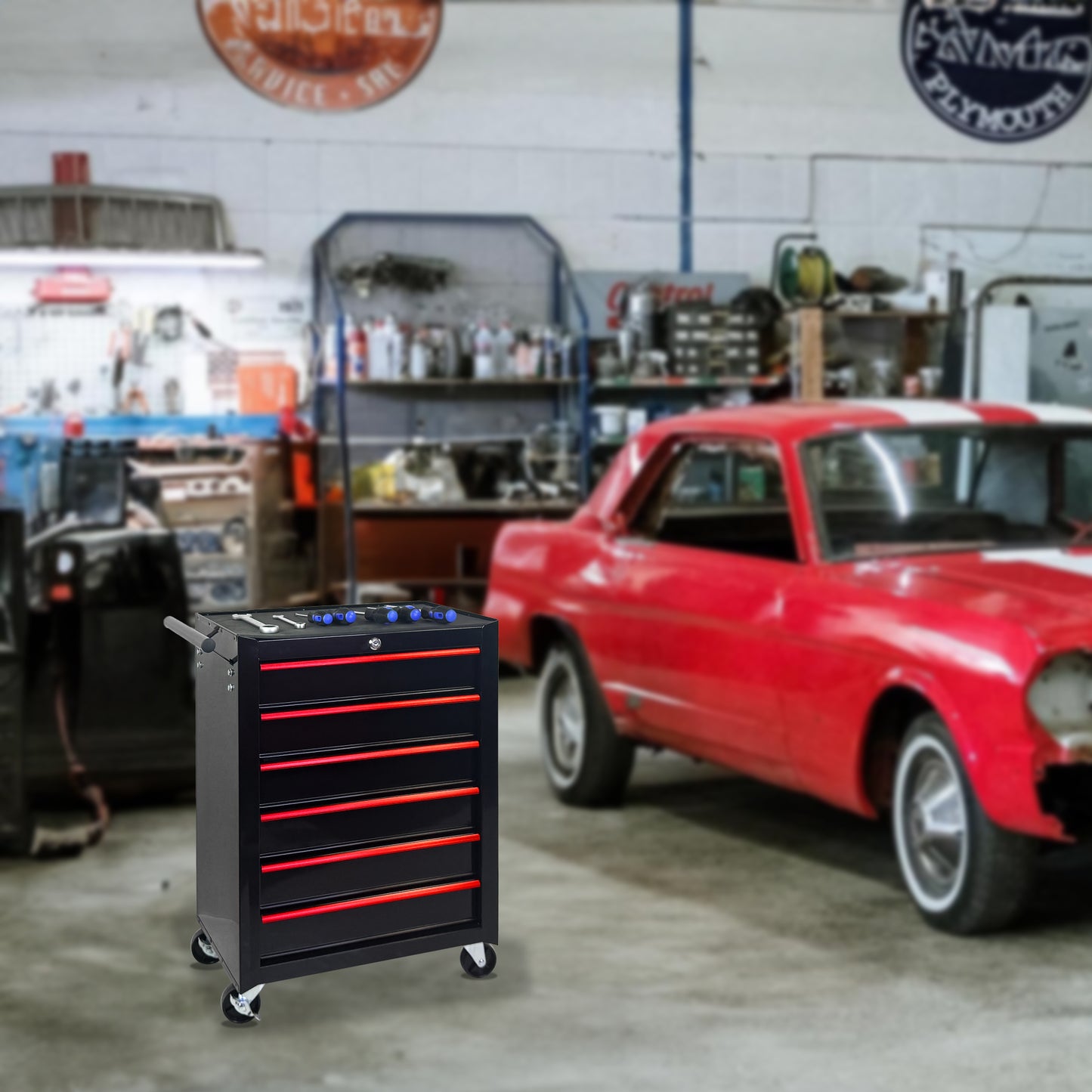 20-Inch Metal Rolling Tool Chest with 6 Drawers - Black Steel Storage Cabinet
