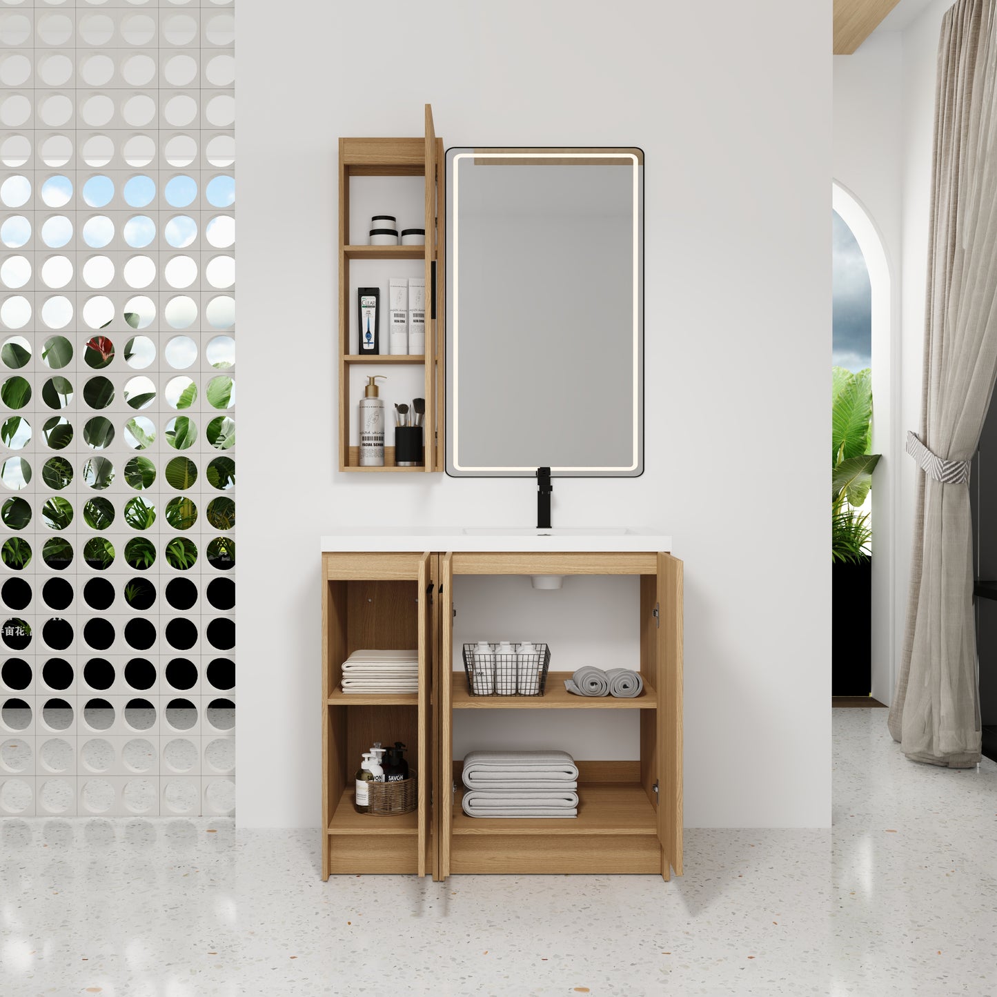 36" Freestanding Bathroom Vanity Set with Linen Cabinet - Light Oak