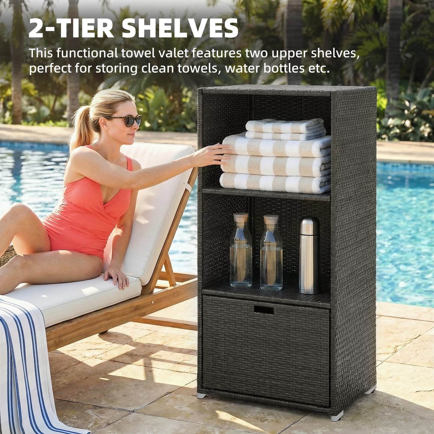 Water-Resistant Pool Towel Rack with 2 Shelves and Basket Drawer