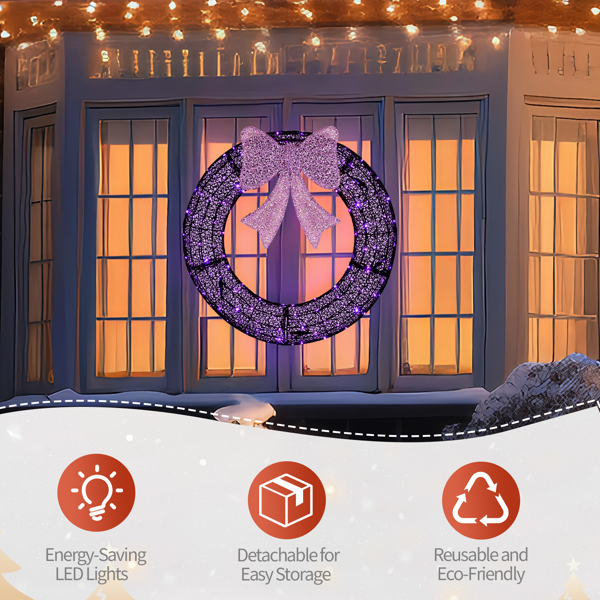 36-Inch Pre-Lit Christmas Wreath with Remote Control LED Lights - Purple Bow