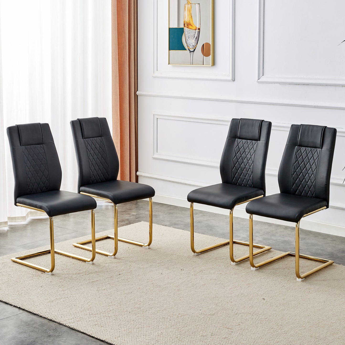 Modern Dining Chairs Set of 6 - Black Faux Leather with Gold Legs