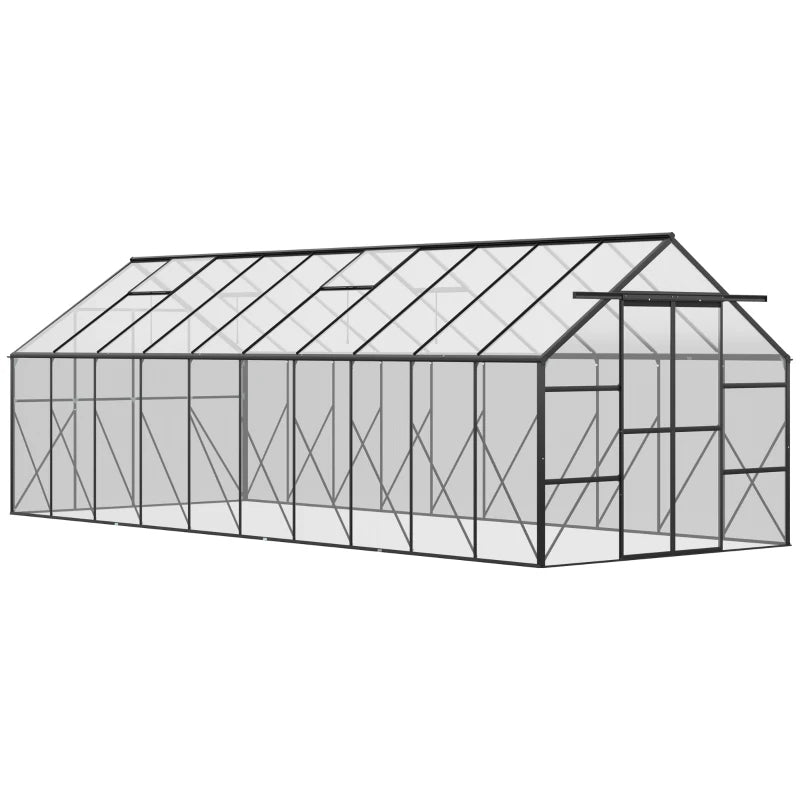 Aluminum Walk-In Greenhouse Kit with Polycarbonate Panels & Adjustable Roof Vent - Black or Clear
